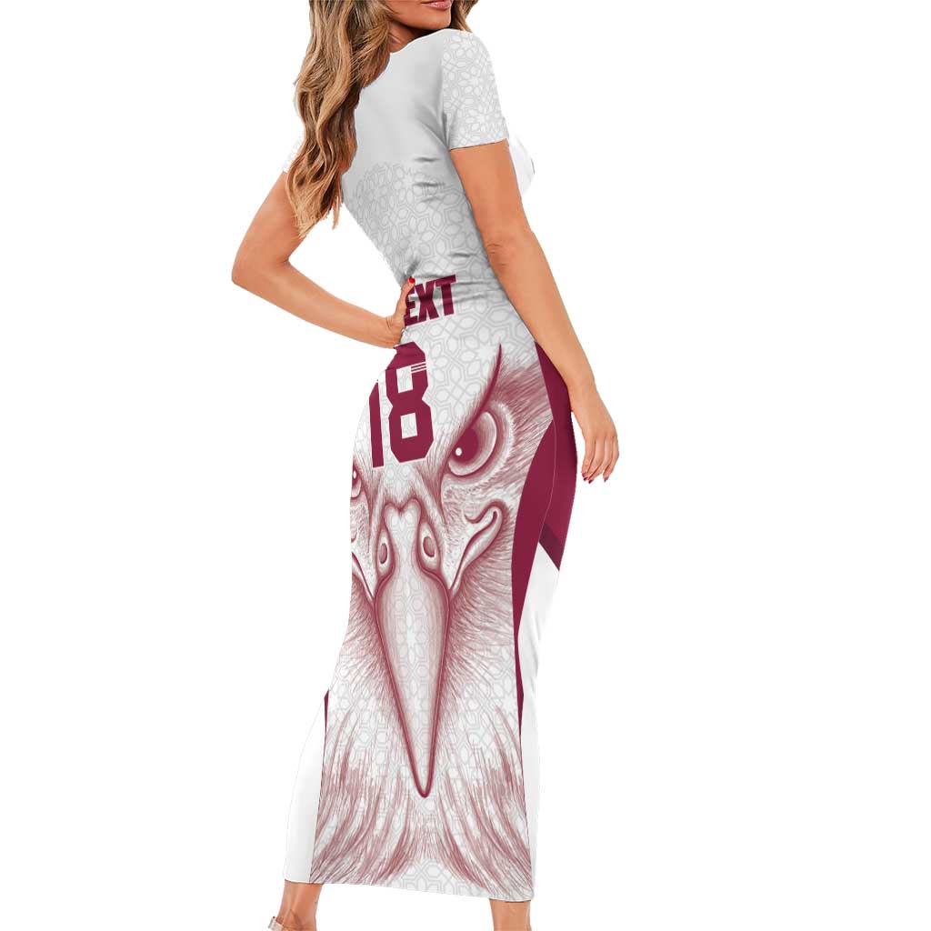 Custom Qatar Football Short Sleeve Bodycon Dress Maroon Falcon Spirit White Version - Wonder Print Shop