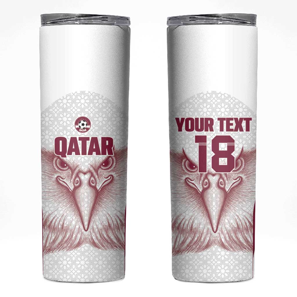 Custom Qatar Football Skinny Tumbler Maroon Falcon Spirit White Version - Wonder Print Shop