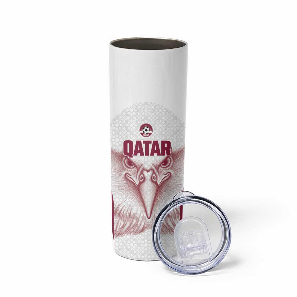 Custom Qatar Football Skinny Tumbler Maroon Falcon Spirit White Version - Wonder Print Shop