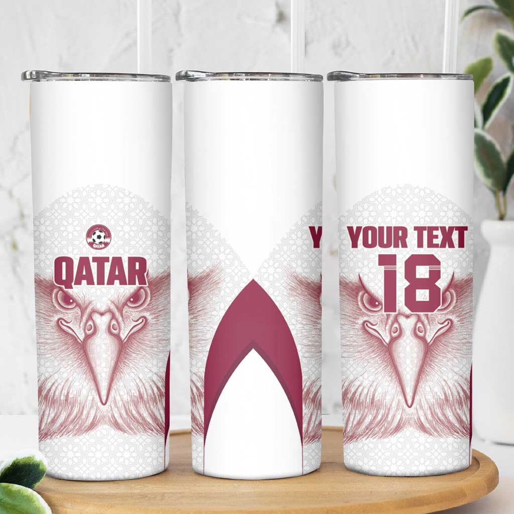 Custom Qatar Football Skinny Tumbler Maroon Falcon Spirit White Version - Wonder Print Shop