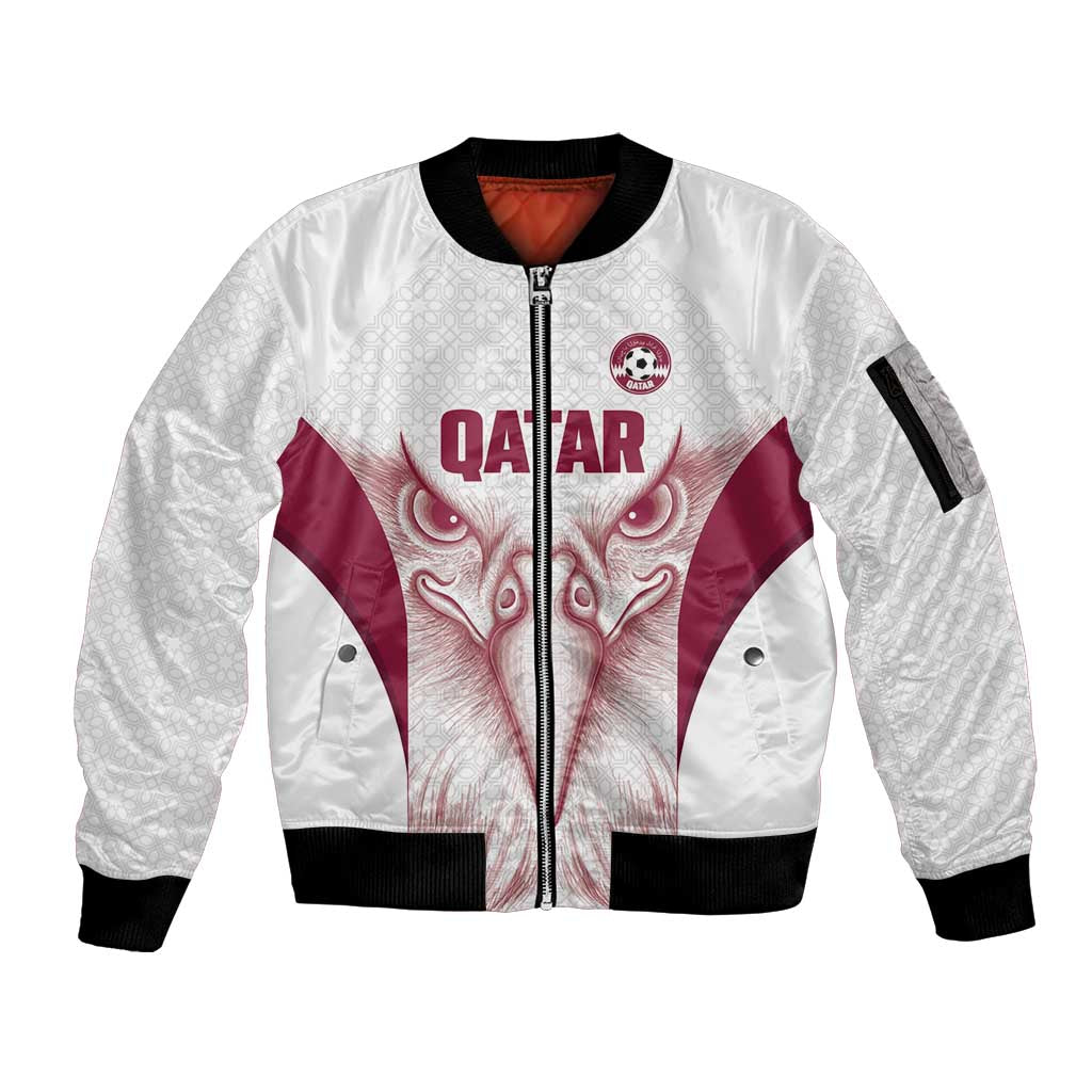 Custom Qatar Football Sleeve Zip Bomber Jacket Maroon Falcon Spirit White Version - Wonder Print Shop