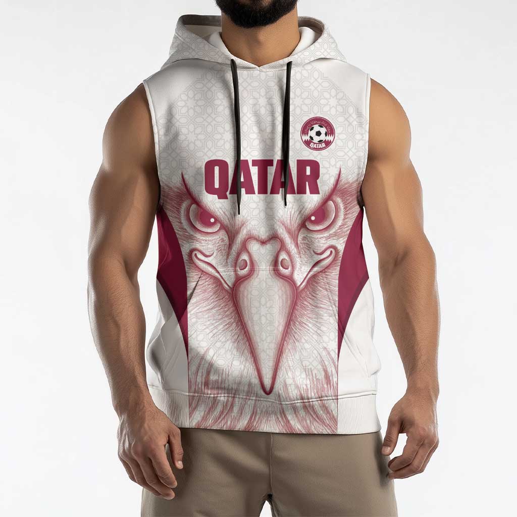 Custom Qatar Football Sleeveless Hoodie Maroon Falcon Spirit White Version - Wonder Print Shop