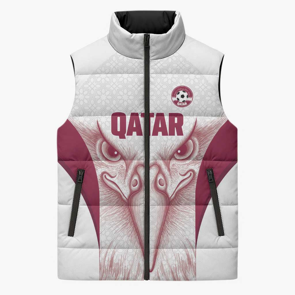 Custom Qatar Football Sleeveless Puffer Jacket Maroon Falcon Spirit White Version - Wonder Print Shop