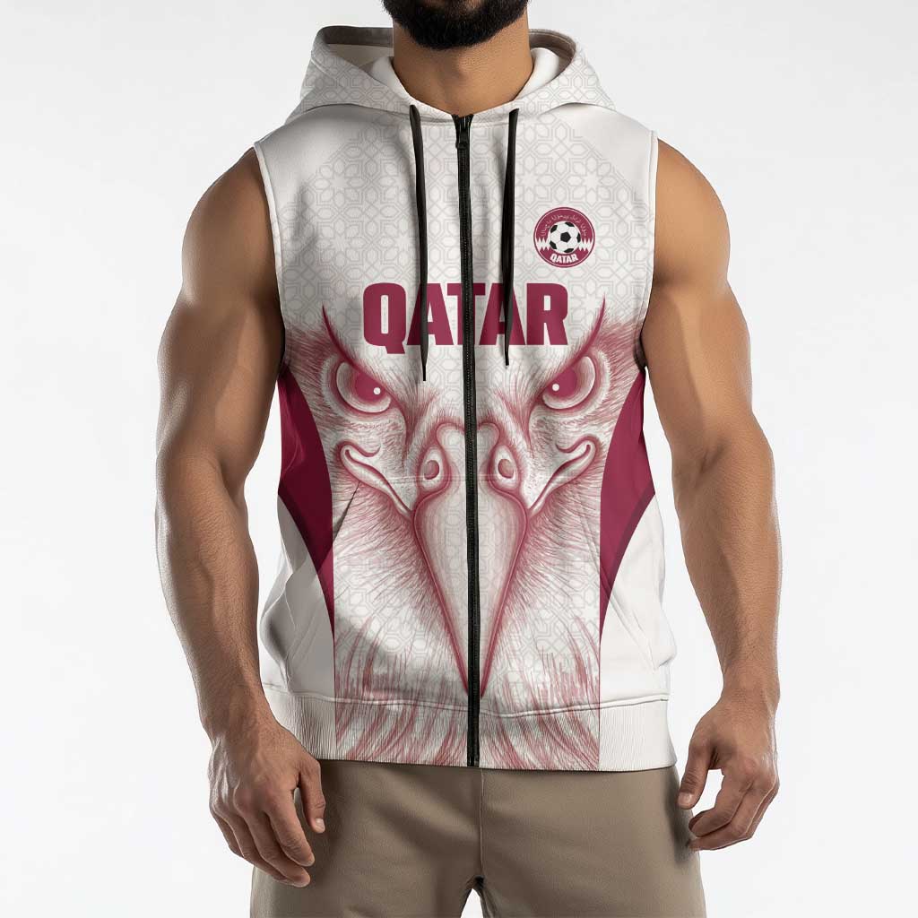 Custom Qatar Football Sleeveless Zip Hoodie Maroon Falcon Spirit White Version - Wonder Print Shop