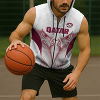 Custom Qatar Football Sleeveless Zip Hoodie Maroon Falcon Spirit White Version - Wonder Print Shop