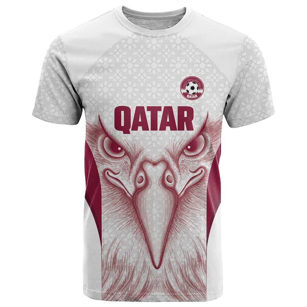 Custom Qatar Football T Shirt Maroon Falcon Spirit White Version - Wonder Print Shop