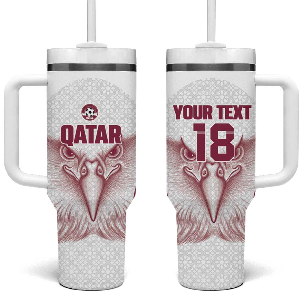Custom Qatar Football Tumbler With Handle Maroon Falcon Spirit White Version - Wonder Print Shop