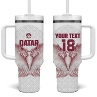 Custom Qatar Football Tumbler With Handle Maroon Falcon Spirit White Version - Wonder Print Shop