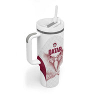 Custom Qatar Football Tumbler With Handle Maroon Falcon Spirit White Version - Wonder Print Shop