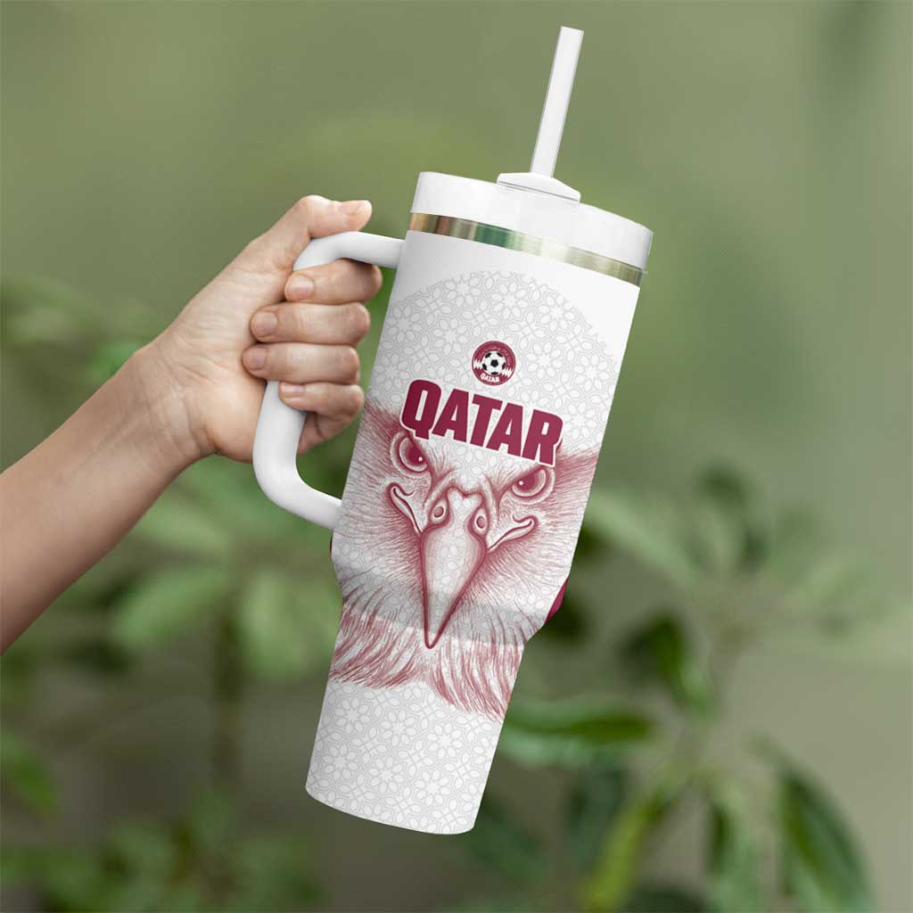 Custom Qatar Football Tumbler With Handle Maroon Falcon Spirit White Version - Wonder Print Shop