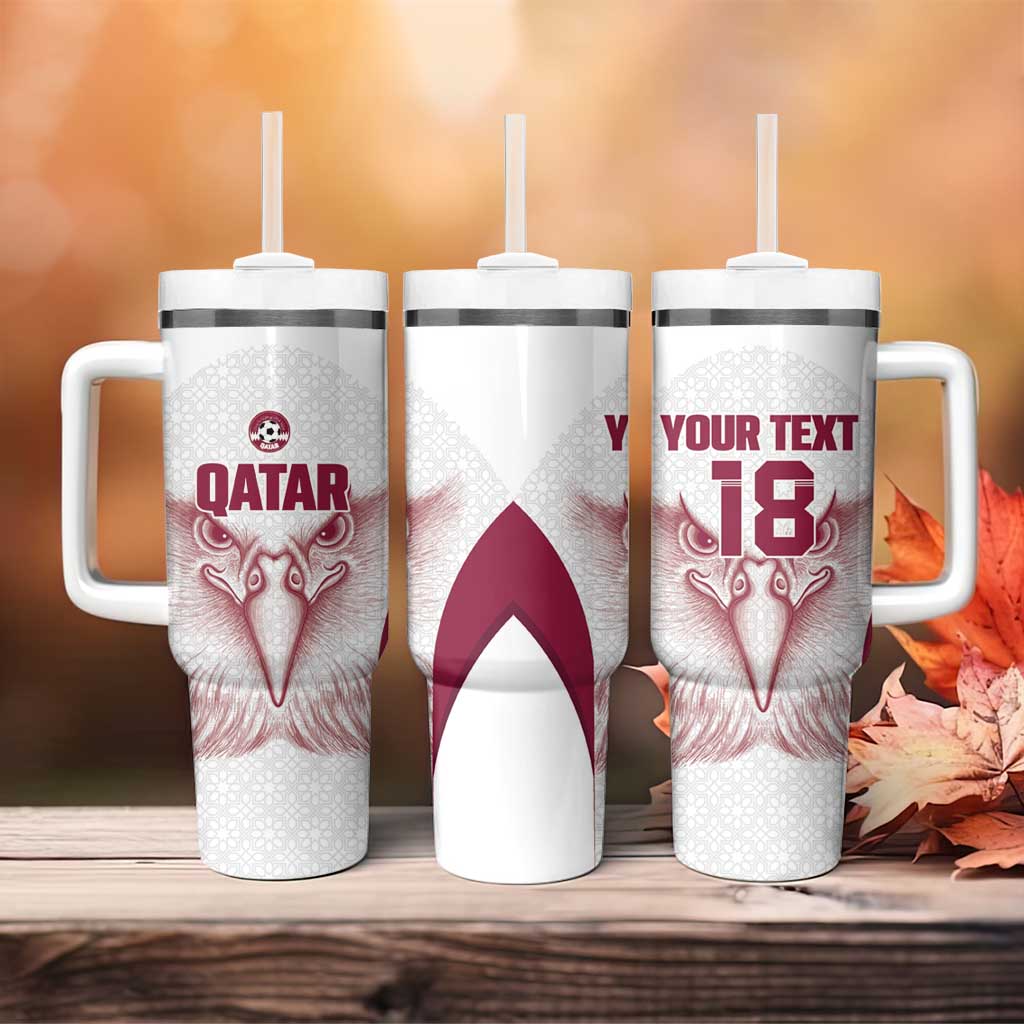 Custom Qatar Football Tumbler With Handle Maroon Falcon Spirit White Version - Wonder Print Shop