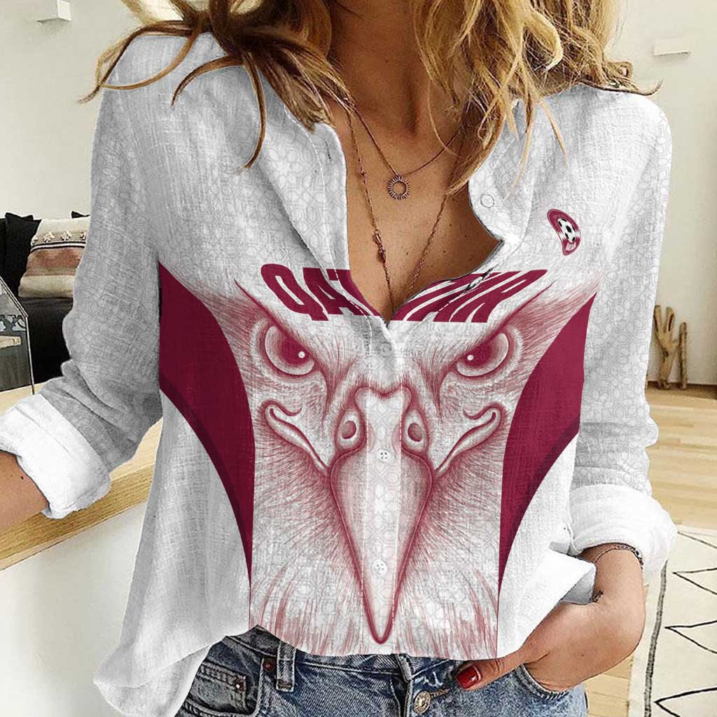 Custom Qatar Football Women Casual Shirt Maroon Falcon Spirit White Version - Wonder Print Shop