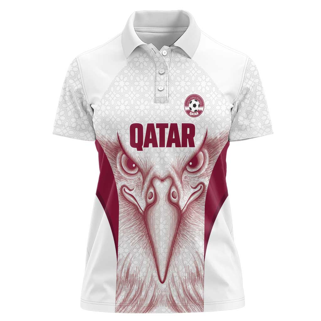 Custom Qatar Football Women Polo Shirt Maroon Falcon Spirit White Version - Wonder Print Shop