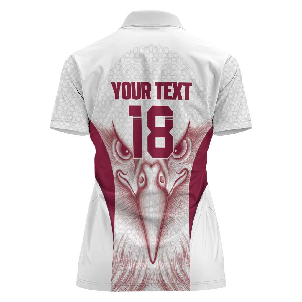 Custom Qatar Football Women Polo Shirt Maroon Falcon Spirit White Version - Wonder Print Shop