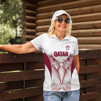 Custom Qatar Football Women Polo Shirt Maroon Falcon Spirit White Version - Wonder Print Shop