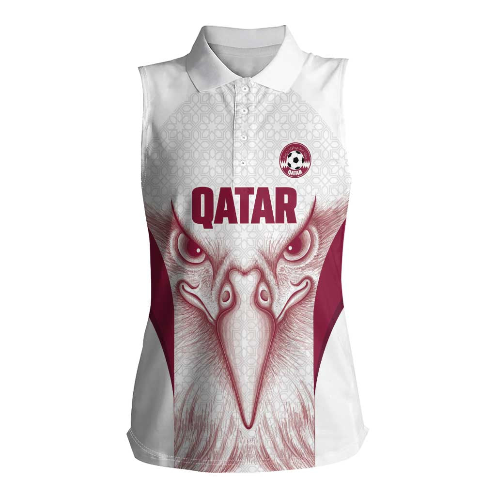 Custom Qatar Football Women Sleeveless Polo Shirt Maroon Falcon Spirit White Version - Wonder Print Shop