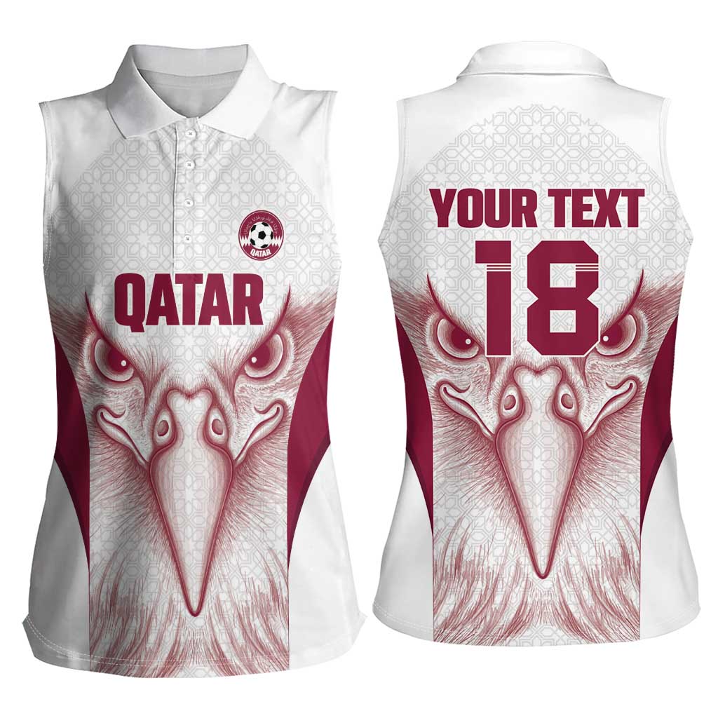 Custom Qatar Football Women Sleeveless Polo Shirt Maroon Falcon Spirit White Version - Wonder Print Shop
