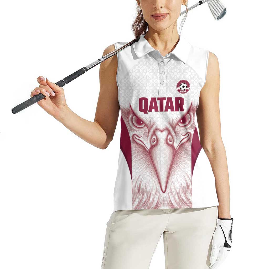 Custom Qatar Football Women Sleeveless Polo Shirt Maroon Falcon Spirit White Version - Wonder Print Shop