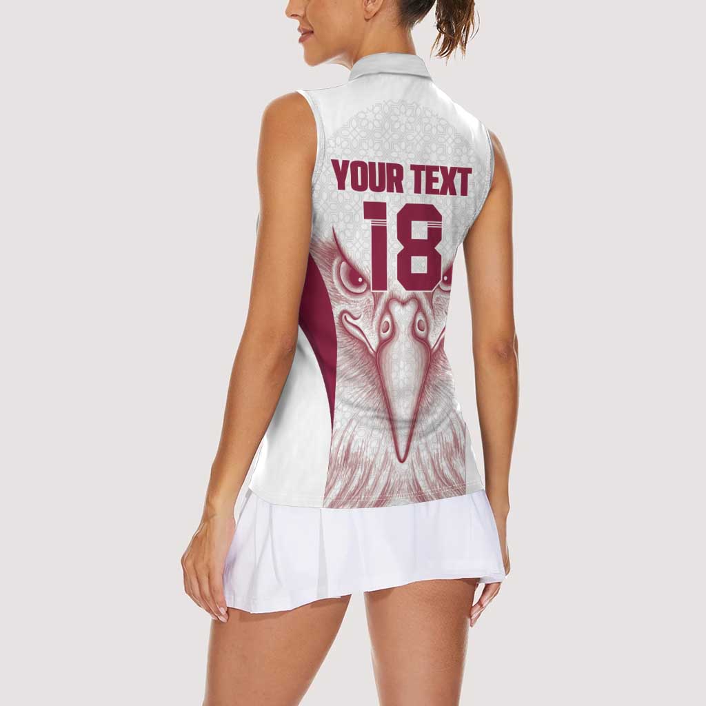 Custom Qatar Football Women Sleeveless Polo Shirt Maroon Falcon Spirit White Version - Wonder Print Shop