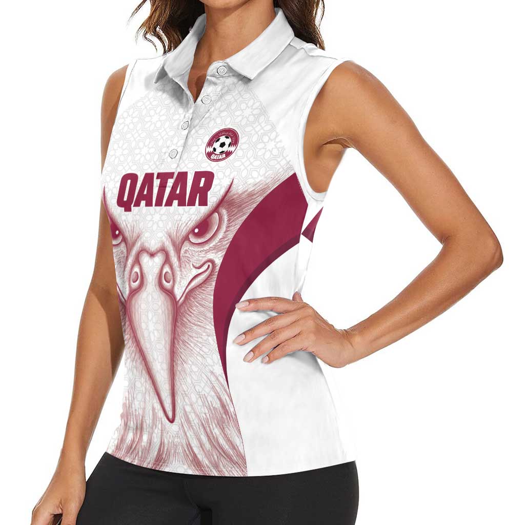 Custom Qatar Football Women Sleeveless Polo Shirt Maroon Falcon Spirit White Version - Wonder Print Shop