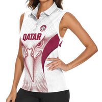 Custom Qatar Football Women Sleeveless Polo Shirt Maroon Falcon Spirit White Version - Wonder Print Shop