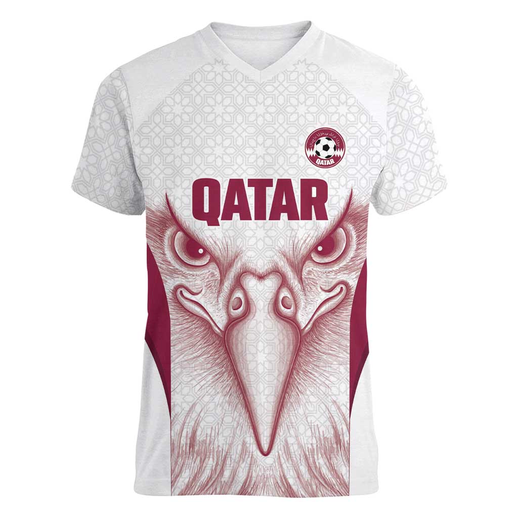 Custom Qatar Football Women V-Neck T-Shirt Maroon Falcon Spirit White Version - Wonder Print Shop