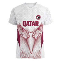 Custom Qatar Football Women V-Neck T-Shirt Maroon Falcon Spirit White Version - Wonder Print Shop