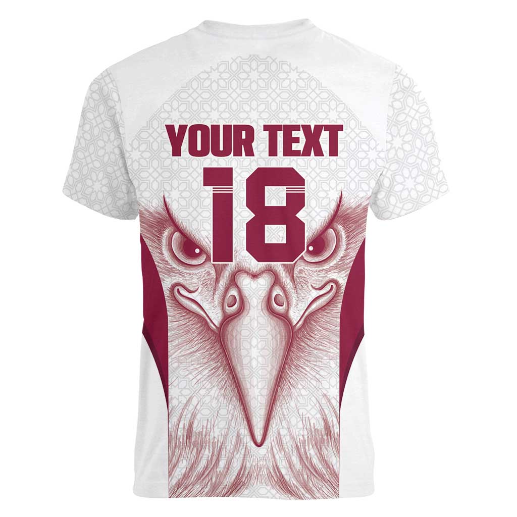Custom Qatar Football Women V-Neck T-Shirt Maroon Falcon Spirit White Version - Wonder Print Shop