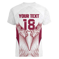 Custom Qatar Football Women V-Neck T-Shirt Maroon Falcon Spirit White Version - Wonder Print Shop