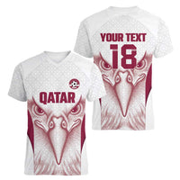 Custom Qatar Football Women V-Neck T-Shirt Maroon Falcon Spirit White Version - Wonder Print Shop
