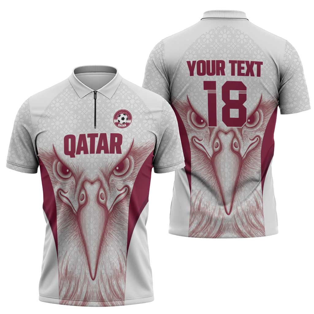 Custom Qatar Football Zipper Polo Shirt Maroon Falcon Spirit White Version - Wonder Print Shop