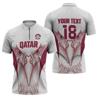 Custom Qatar Football Zipper Polo Shirt Maroon Falcon Spirit White Version - Wonder Print Shop