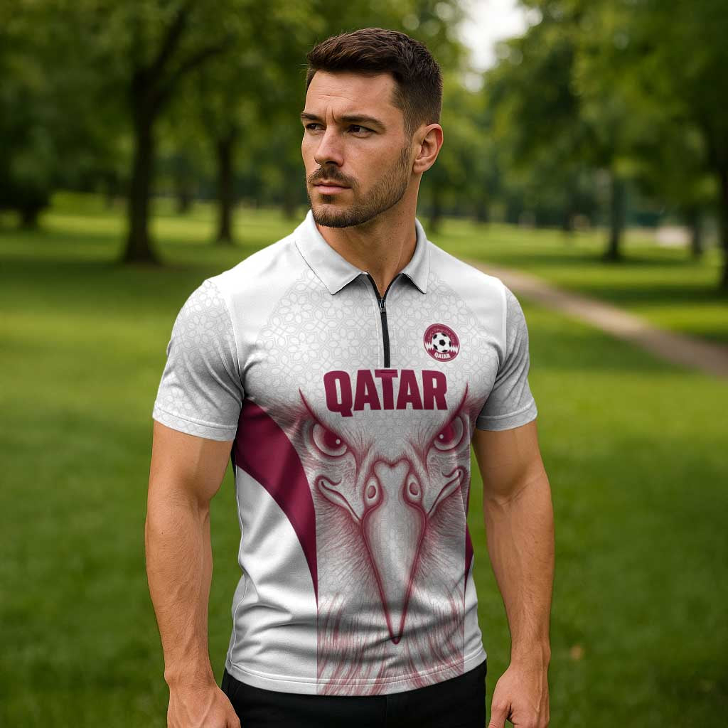 Custom Qatar Football Zipper Polo Shirt Maroon Falcon Spirit White Version - Wonder Print Shop