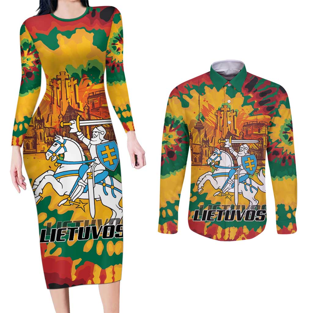 Lithuania Independence Day Couples Matching Long Sleeve Bodycon Dress and Long Sleeve Button Shirt Vytis Knight National Pride