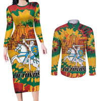 Lithuania Independence Day Couples Matching Long Sleeve Bodycon Dress and Long Sleeve Button Shirt Vytis Knight National Pride