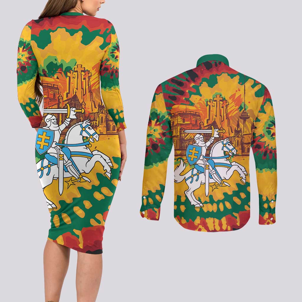 Lithuania Independence Day Couples Matching Long Sleeve Bodycon Dress and Long Sleeve Button Shirt Vytis Knight National Pride