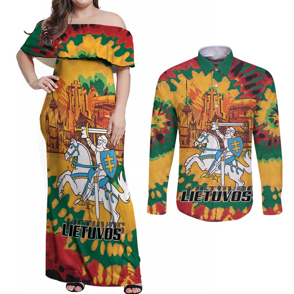 Lithuania Independence Day Couples Matching Off Shoulder Maxi Dress and Long Sleeve Button Shirt Vytis Knight National Pride