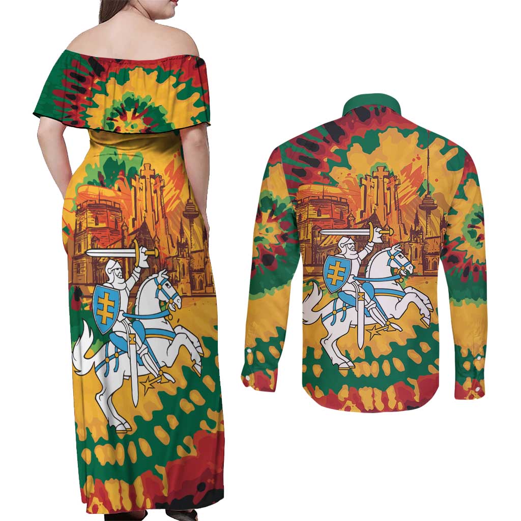 Lithuania Independence Day Couples Matching Off Shoulder Maxi Dress and Long Sleeve Button Shirt Vytis Knight National Pride