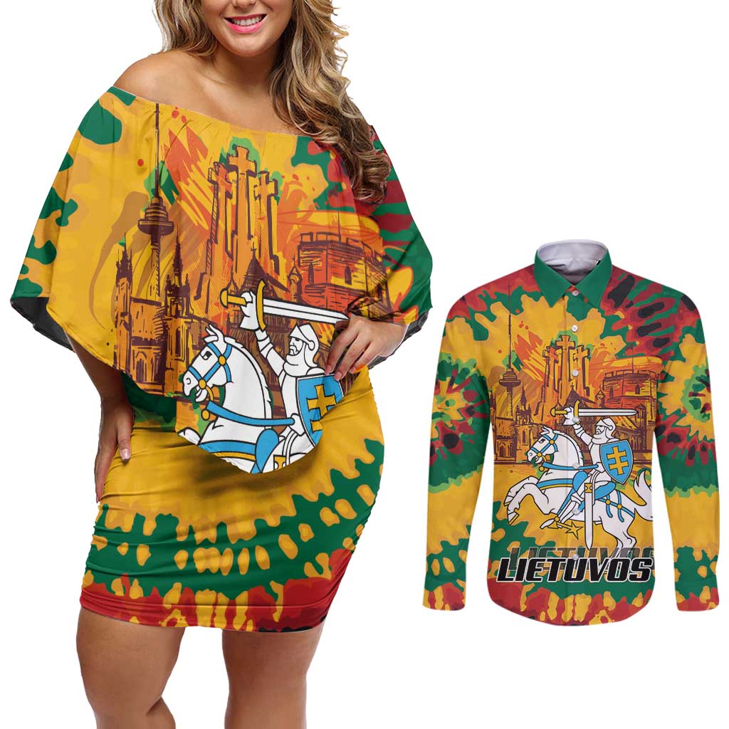 Lithuania Independence Day Couples Matching Off Shoulder Short Dress and Long Sleeve Button Shirt Vytis Knight National Pride