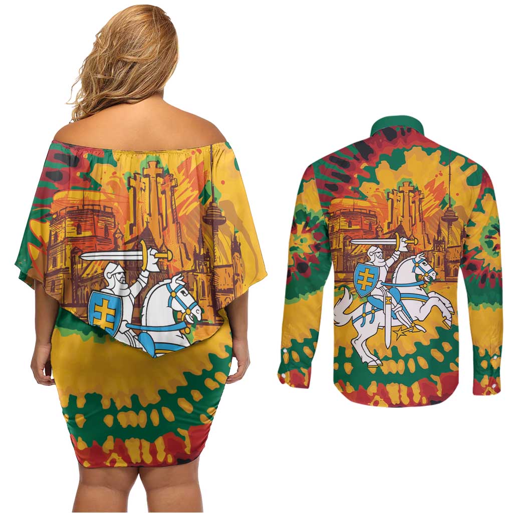 Lithuania Independence Day Couples Matching Off Shoulder Short Dress and Long Sleeve Button Shirt Vytis Knight National Pride