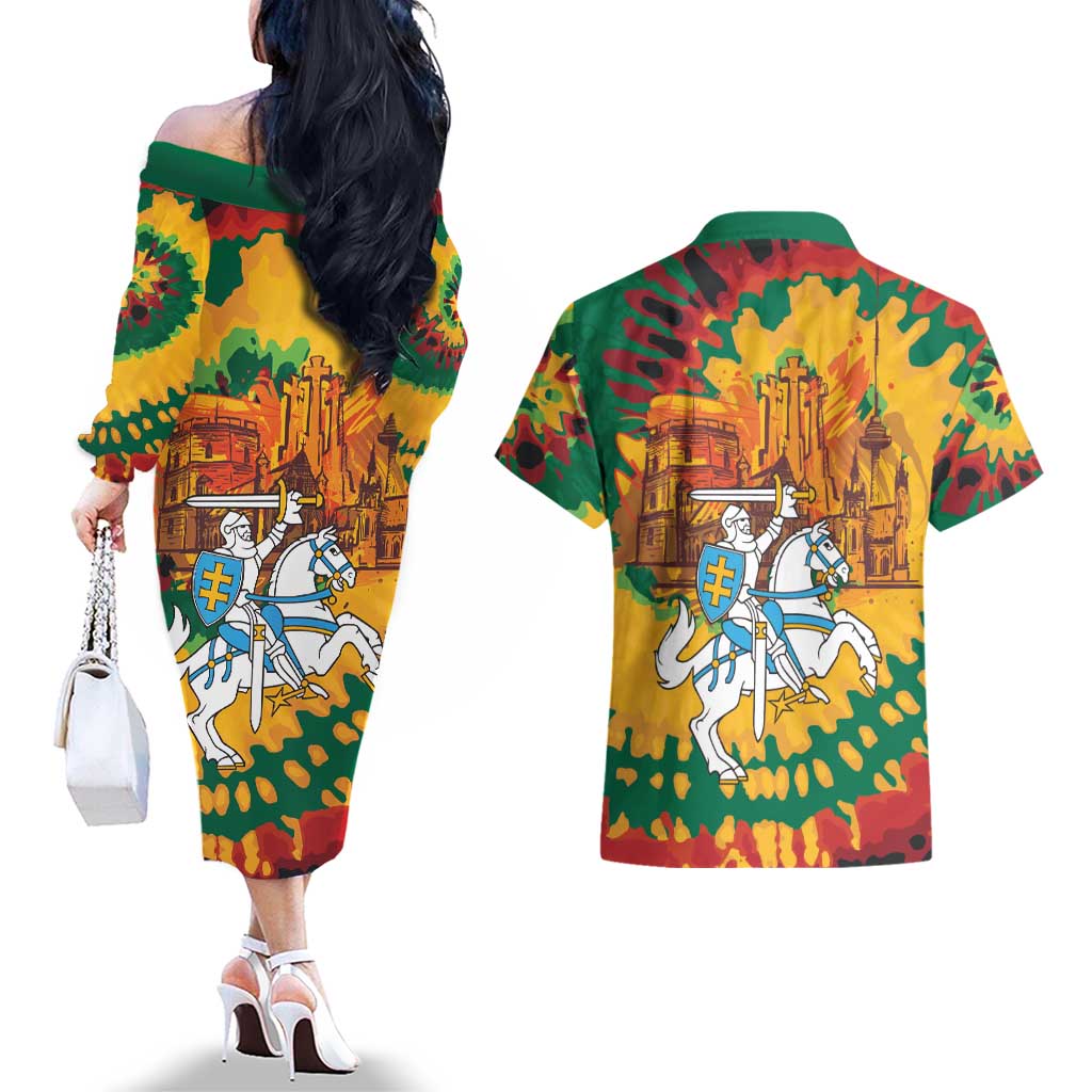 Lithuania Independence Day Couples Matching Off The Shoulder Long Sleeve Dress and Hawaiian Shirt Vytis Knight National Pride