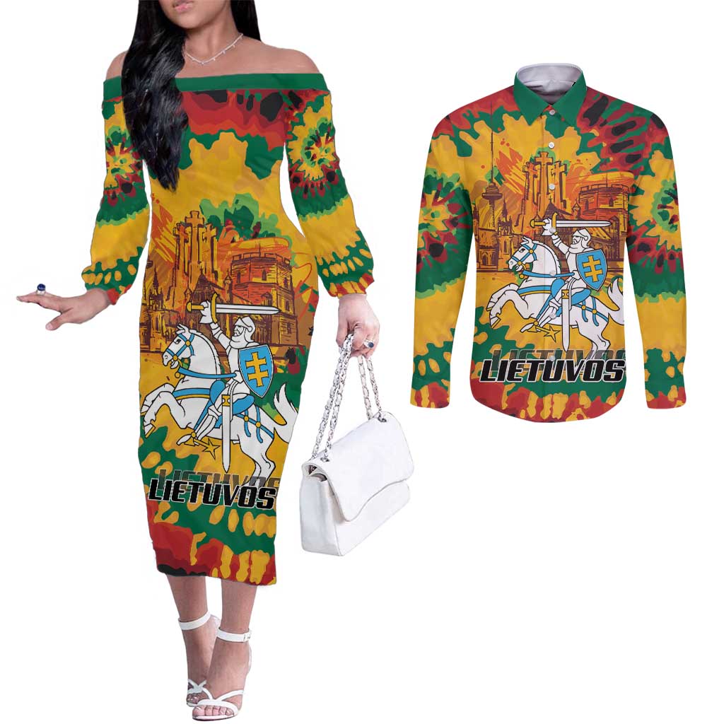 Lithuania Independence Day Couples Matching Off The Shoulder Long Sleeve Dress and Long Sleeve Button Shirt Vytis Knight National Pride