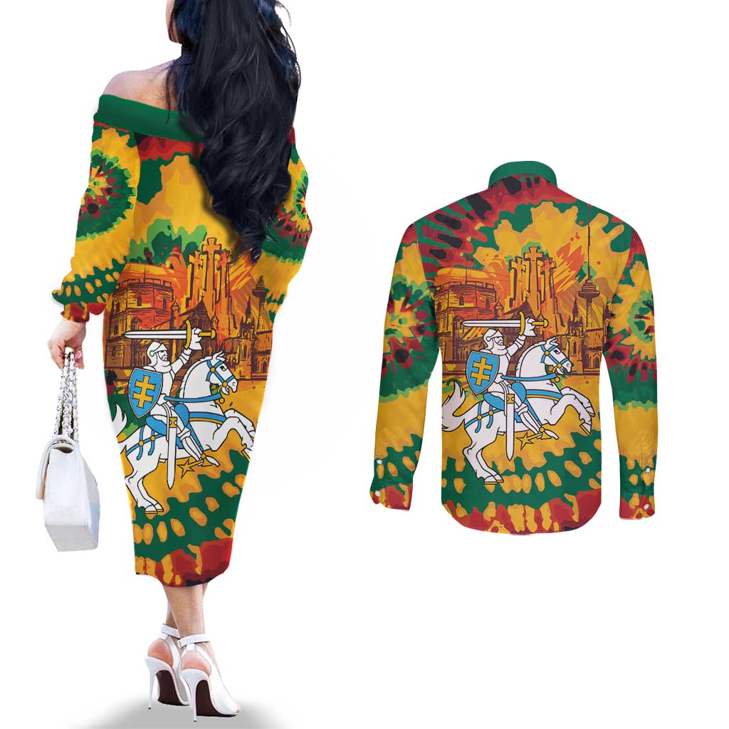 Lithuania Independence Day Couples Matching Off The Shoulder Long Sleeve Dress and Long Sleeve Button Shirt Vytis Knight National Pride