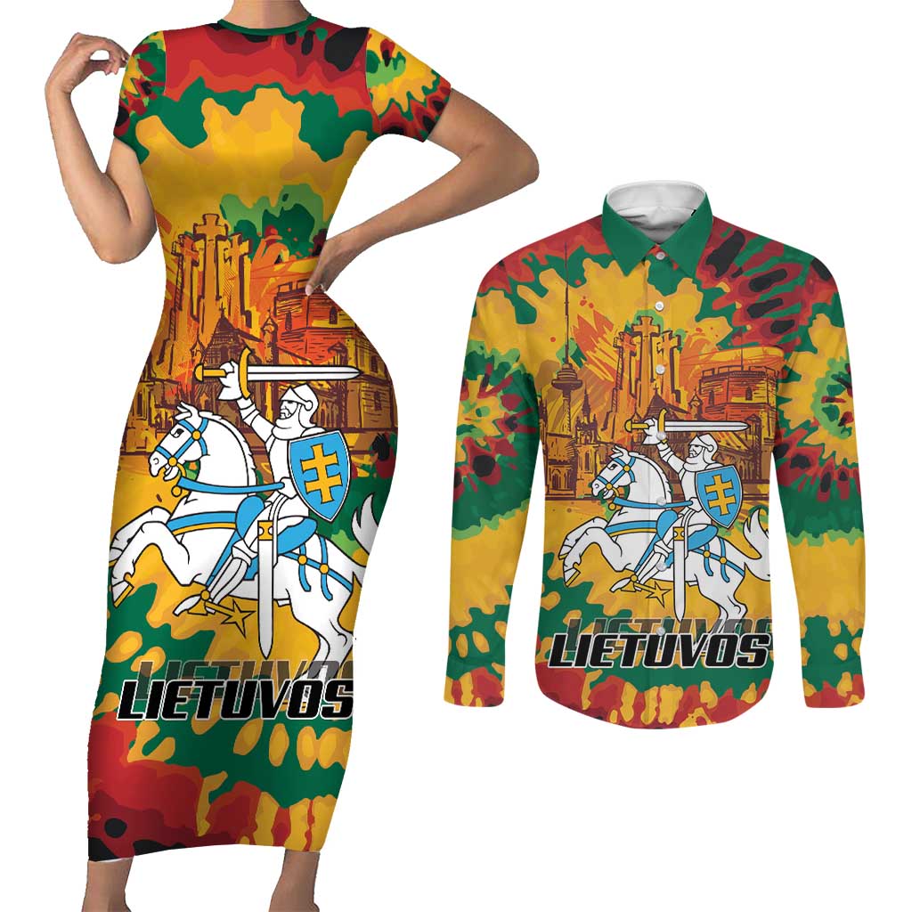 Lithuania Independence Day Couples Matching Short Sleeve Bodycon Dress and Long Sleeve Button Shirt Vytis Knight National Pride