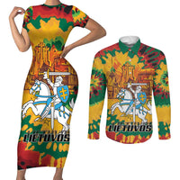 Lithuania Independence Day Couples Matching Short Sleeve Bodycon Dress and Long Sleeve Button Shirt Vytis Knight National Pride