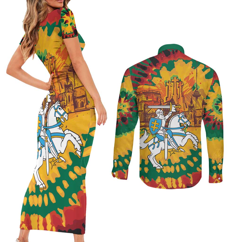 Lithuania Independence Day Couples Matching Short Sleeve Bodycon Dress and Long Sleeve Button Shirt Vytis Knight National Pride