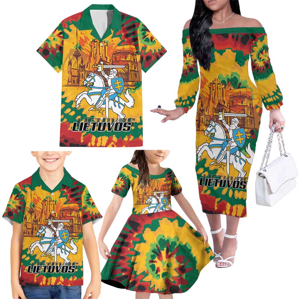 Lithuania Independence Day Family Matching Off The Shoulder Long Sleeve Dress and Hawaiian Shirt Vytis Knight National Pride