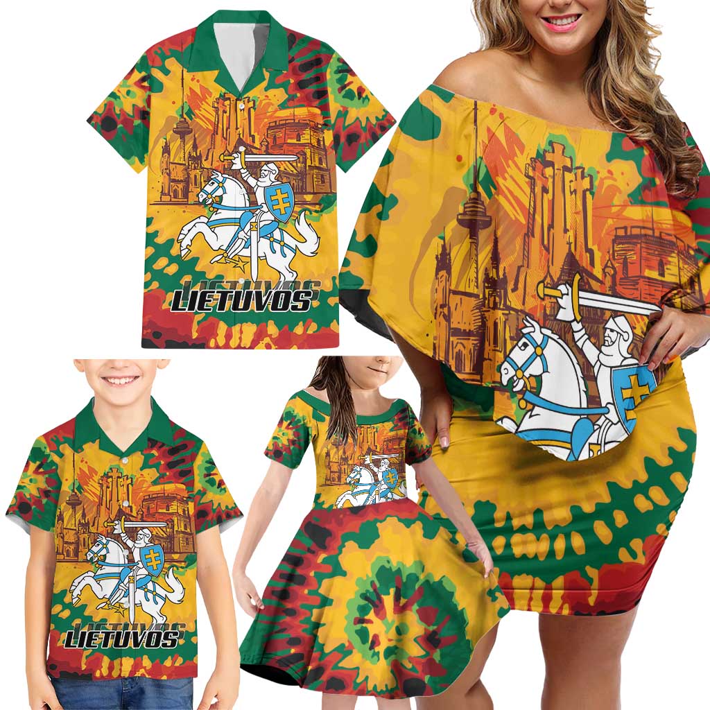 Lithuania Independence Day Family Matching Off Shoulder Short Dress and Hawaiian Shirt Vytis Knight National Pride