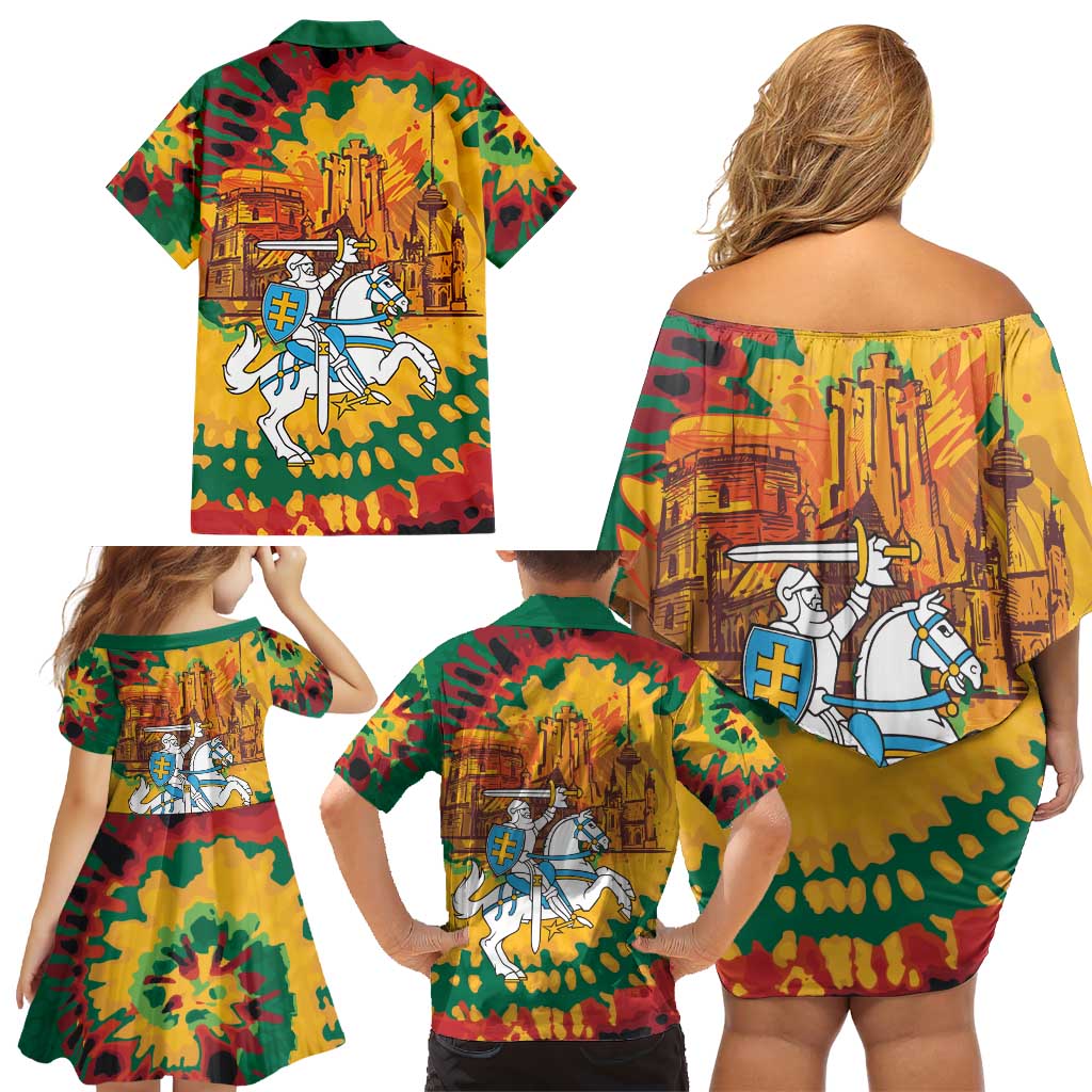 Lithuania Independence Day Family Matching Off Shoulder Short Dress and Hawaiian Shirt Vytis Knight National Pride