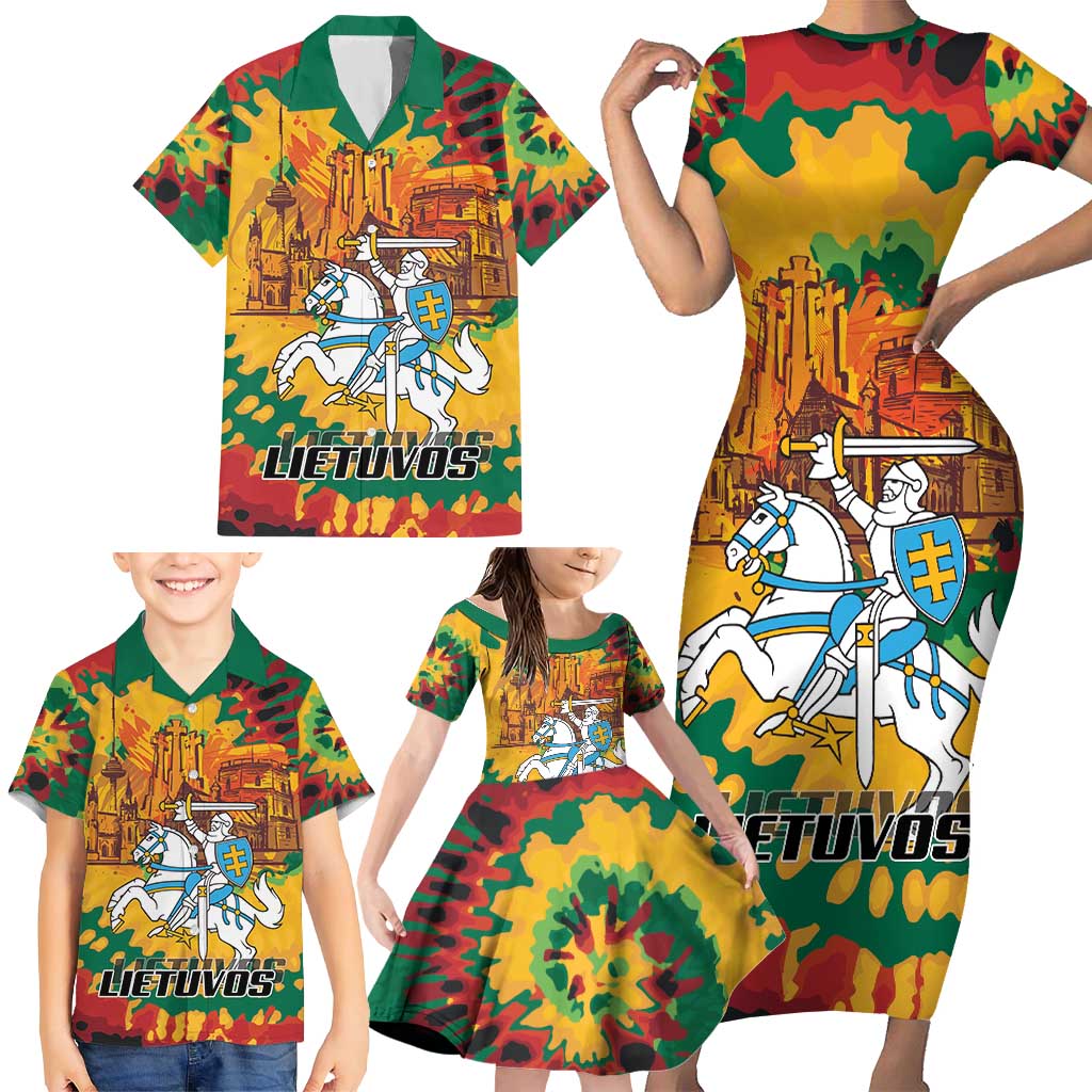 Lithuania Independence Day Family Matching Short Sleeve Bodycon Dress and Hawaiian Shirt Vytis Knight National Pride